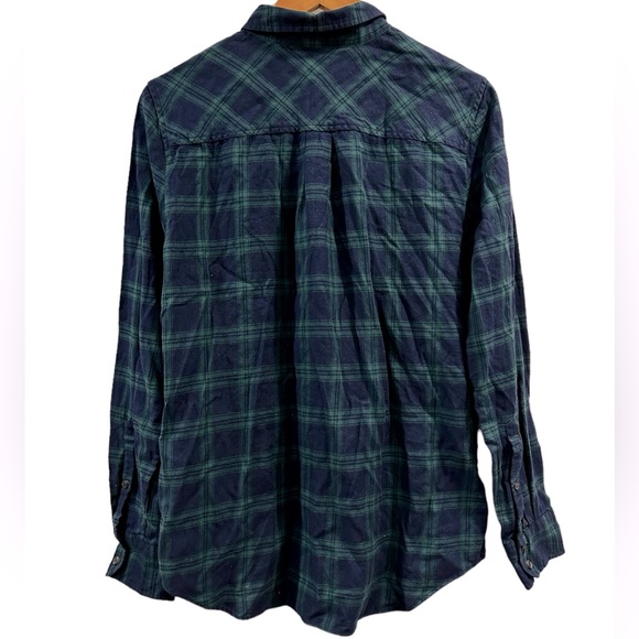 J. Crew Plaid Flannel Button Up Boxy Fit Navy and Green Boyfriend Large - Picture 3 of 7